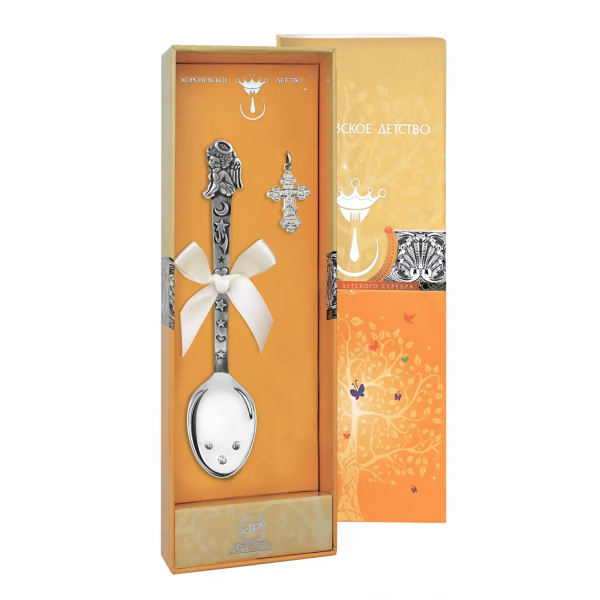 Набор Крестильный DODO Ангел: крестик и ложка с чернением из серебра 925 пробы