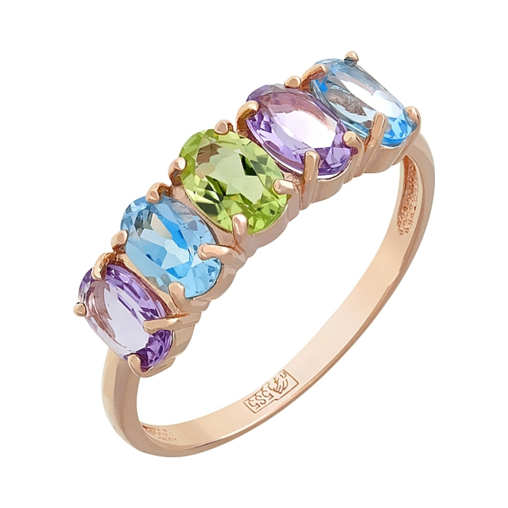 Золотое кольцо с аметистом, топазом и хризолитом № 112874