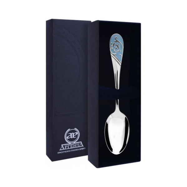 Чайная серебряная ложка «Кружевные узоры» с голубой эмалью