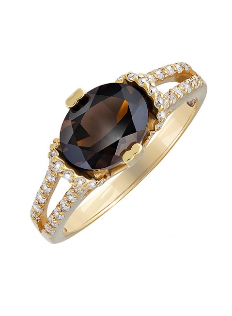 Серебряное кольцо с раухтопазом, фианитом и золотым покрытием № 132606