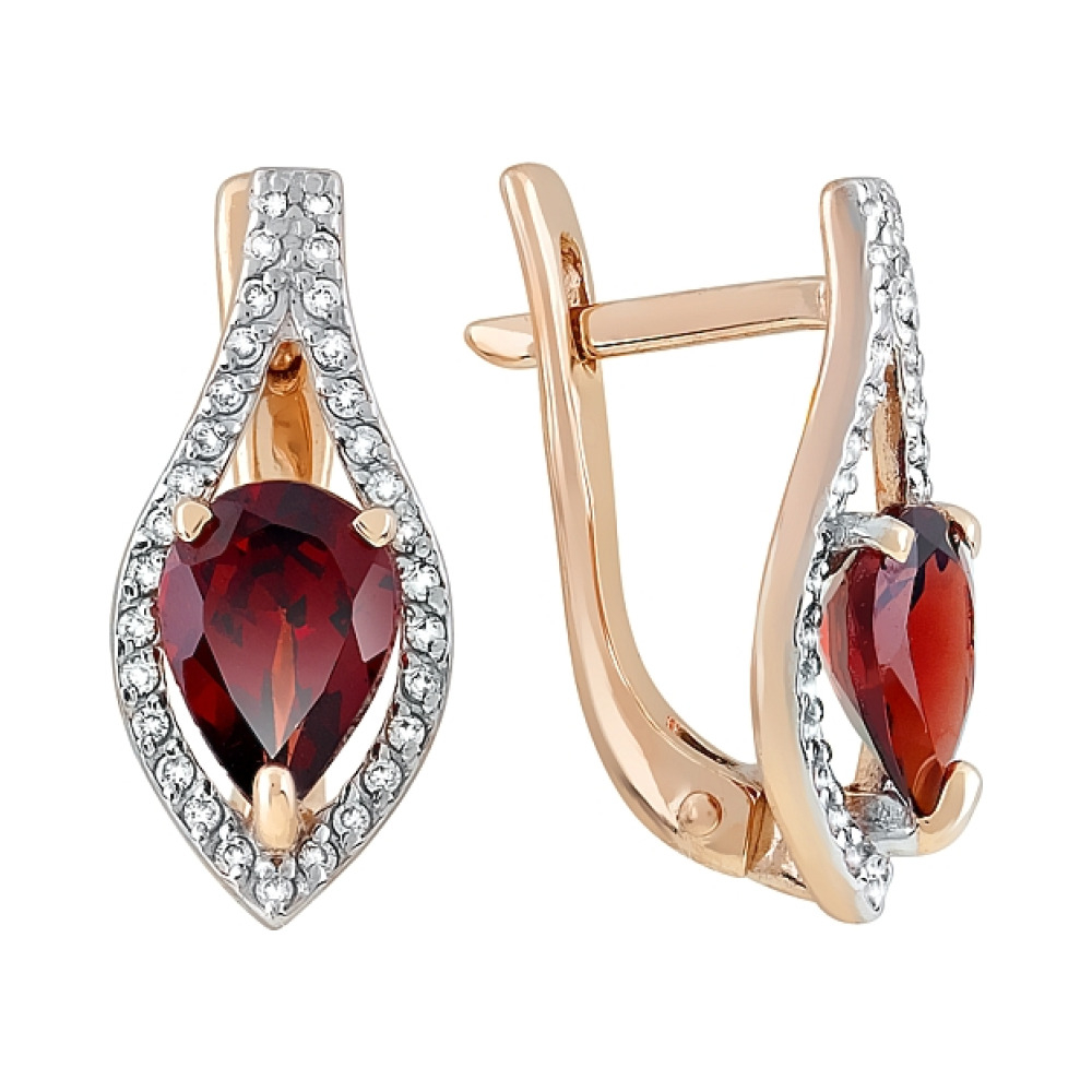 Золотые серьги с гранатом и фианитом № 119571