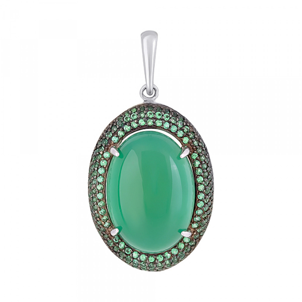 Серебряная подвеска с зелёным ониксом и фианитом № 128099