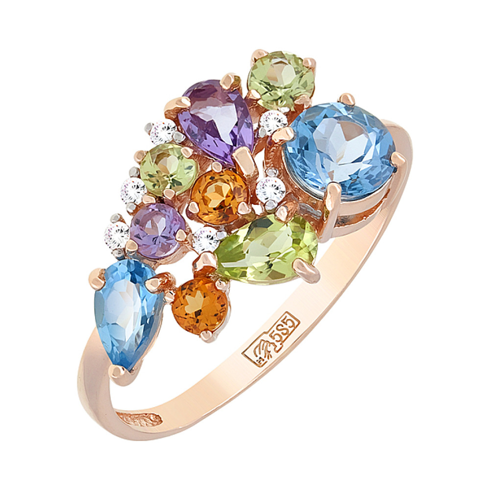 Золотое кольцо с полудрагоценными вставками и фианитом № 113128