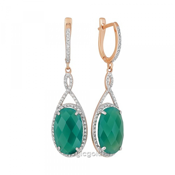 Золотые серьги с зеленым ониксом и фианитом № 164470