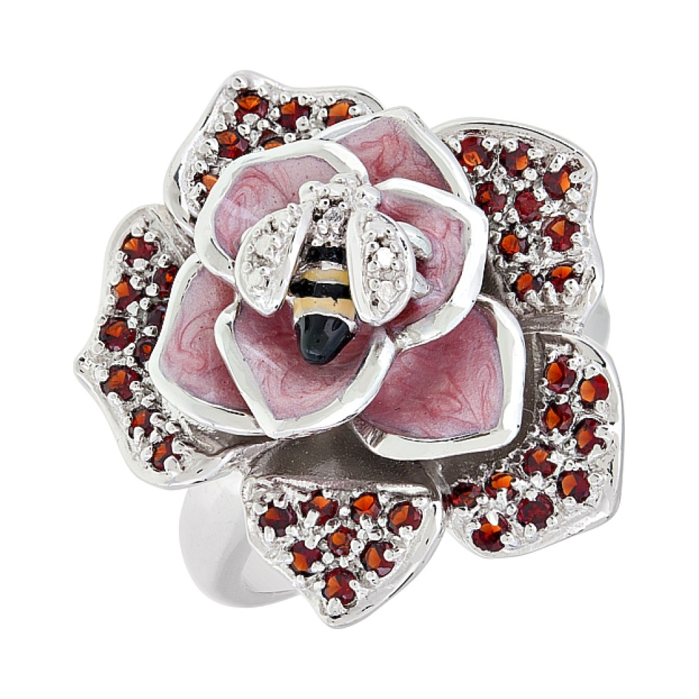 Серебряное кольцо с гранатом и фианитом № 96503