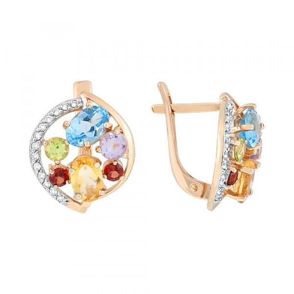 Золотые серьги с полудрагоценными  вставками и фианитом № 113029