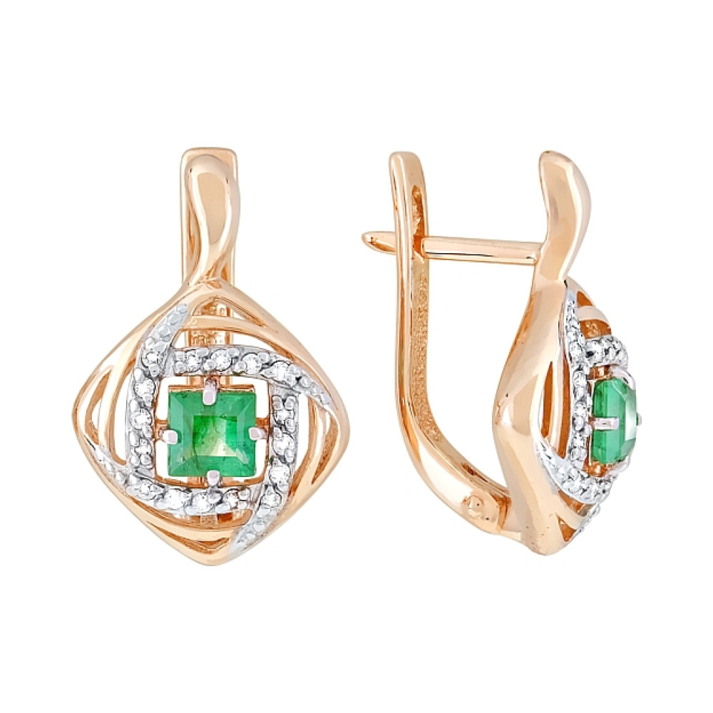 Золотые серьги с бриллиантом и изумрудом № 119186