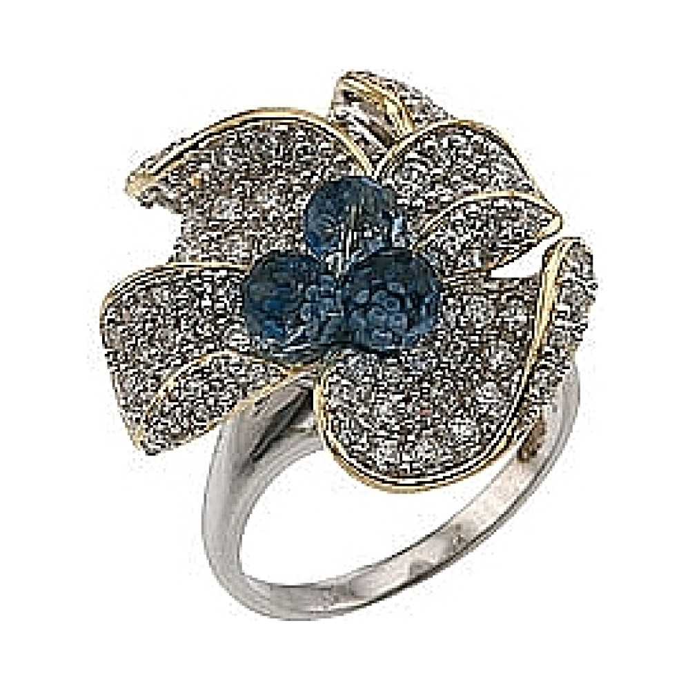 Серебряное кольцо с фиан., имитац.шпинел. и зол.покрыт. № 34129
