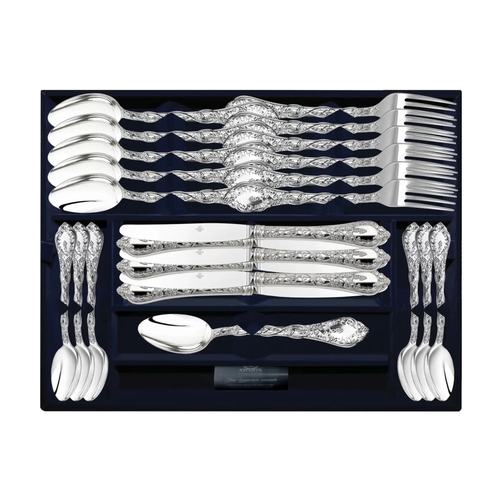 Набор столовый Виноградная лоза на 6 персон - вилка, ложка, нож, чайная ложка. из серебра 925 пробы