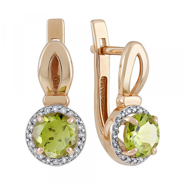 Золотые серьги с хризолитом и фианитом № 121102