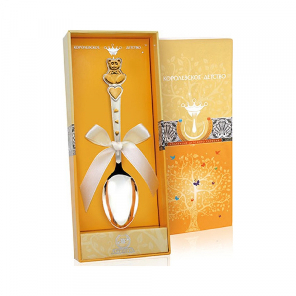 Детская серебряная ложка «Мишка с сердечками» с позолотой