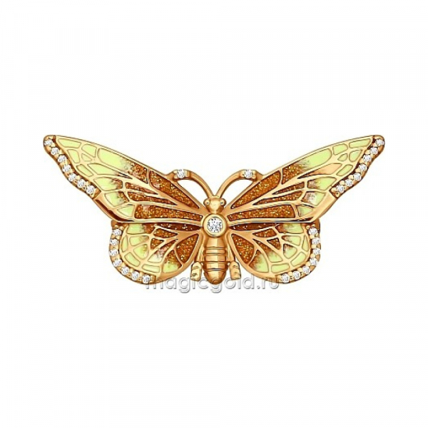 Серебряная брошь с эмалью, фианитом и золотым покрытием № 138468