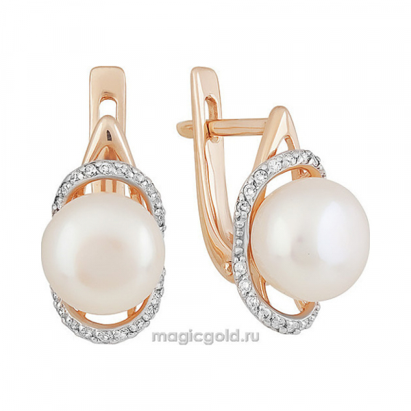 Золотые серьги с жемчугом и фианитом № 151364