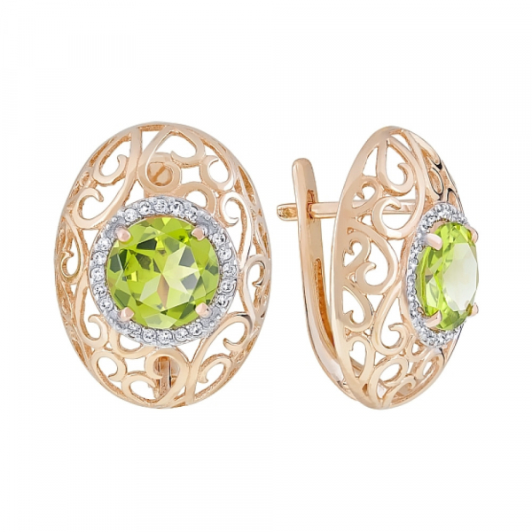 Золотые серьги с хризолитом и фианитом № 120301