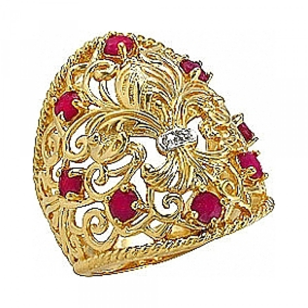 Серебряное кольцо с рубином, фианитом и зол.покрыт. № 75039