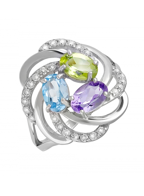 Серебряное кольцо с полудрагоценными вставками и фианитом № 131459