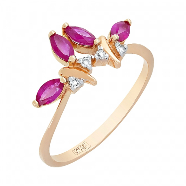 Золотое кольцо с бриллиантом и рубином № 26108