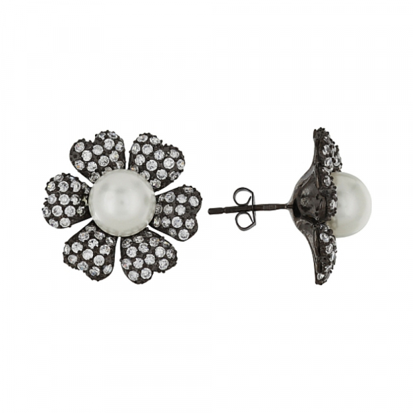 Серебряные серьги с имитац.жемчуга и фианитами № 99556