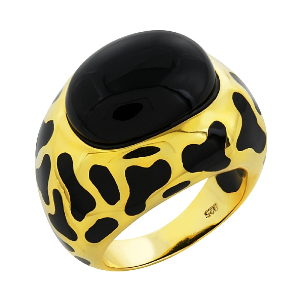 Серебряное кольцо с имит.оникса,золот покрытием и кауч. вставками № 96763