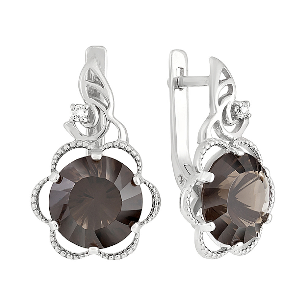 Серебряные серьги с раухтопазом и фианитом № 129755