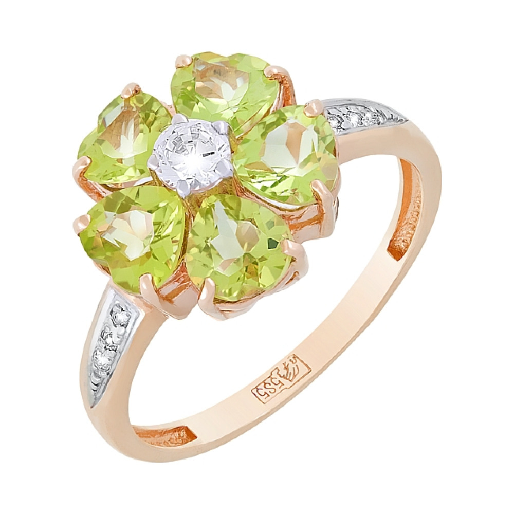 Золотое кольцо с хризолитом и фианитом № 81299