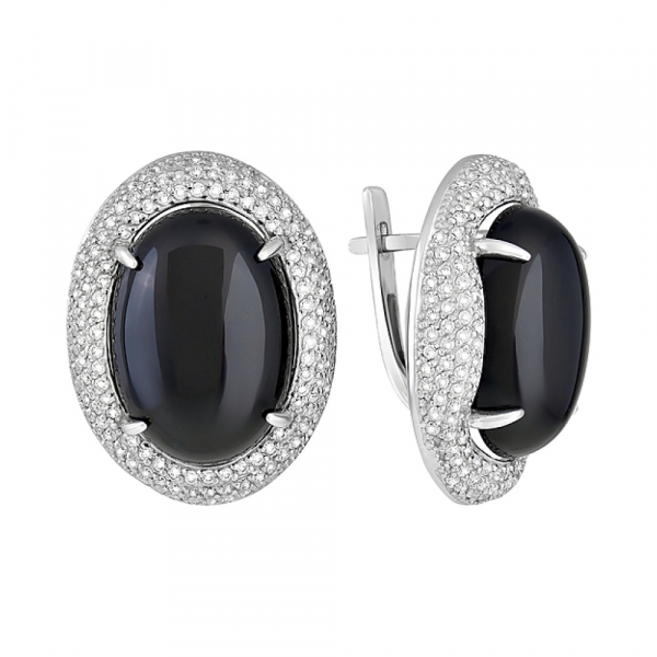 Серебряные серьги с черным  ониксом и фианитом № 128106