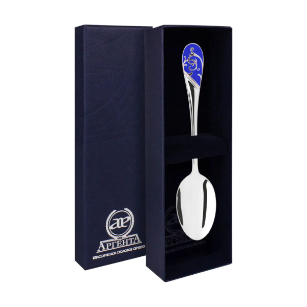 Ложка чайная Кружевные узоры с синей эмалью из серебра 925 пробы