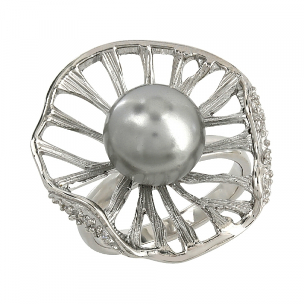 Серебряное кольцо с имитац. жемчуга и фианитом № 106226