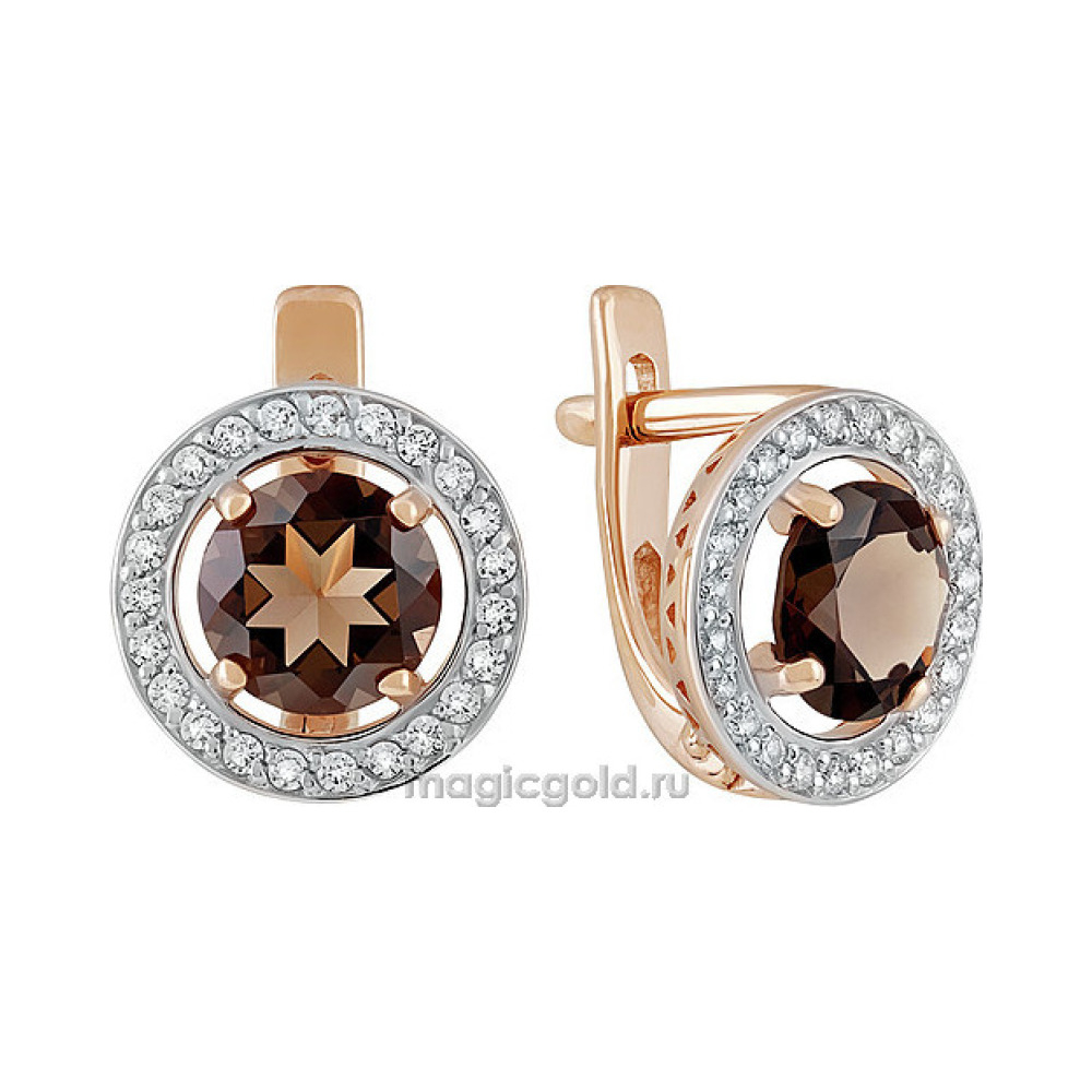 Золотые серьги с раухтопазом и фианитом № 139841