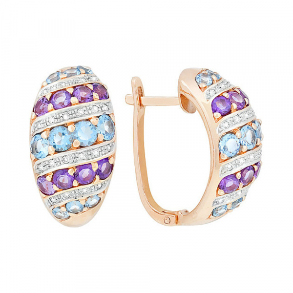 Золотые серьги с бриллиантом, топазом и аметистом № 8827