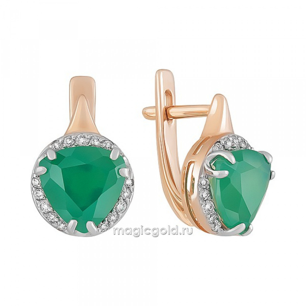 Золотые серьги с зеленым ониксом и фианитом № 162067