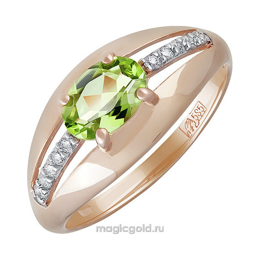 Золотое кольцо с хризолитом и фианитом № 139771