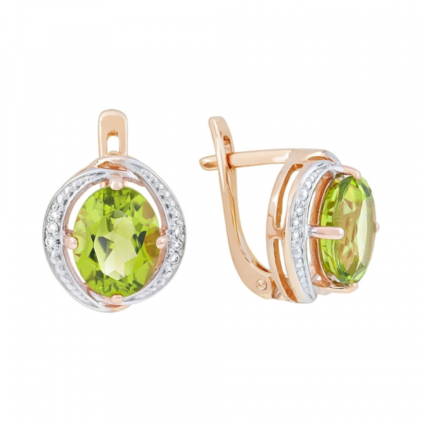 Золотые серьги с хризолитом и фианитом № 117575