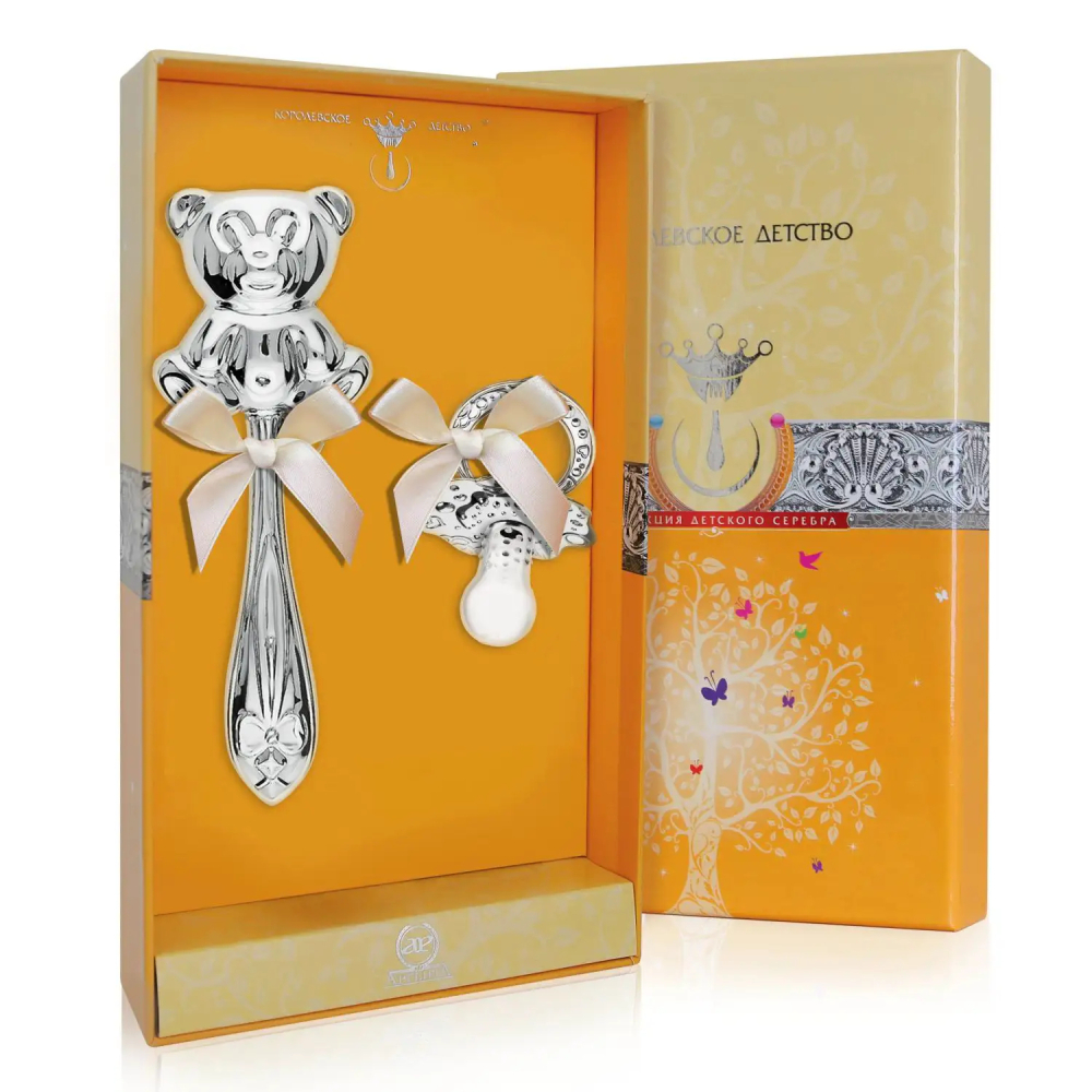 Набор для малышей DODO Медведь: погремушка и сувенир-пустышка из серебра 925 пробы