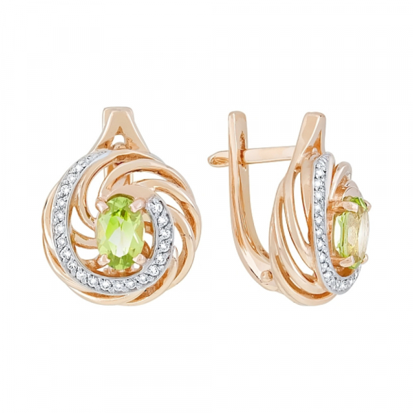 Золотые серьги с хризолитом и фианитом № 118936