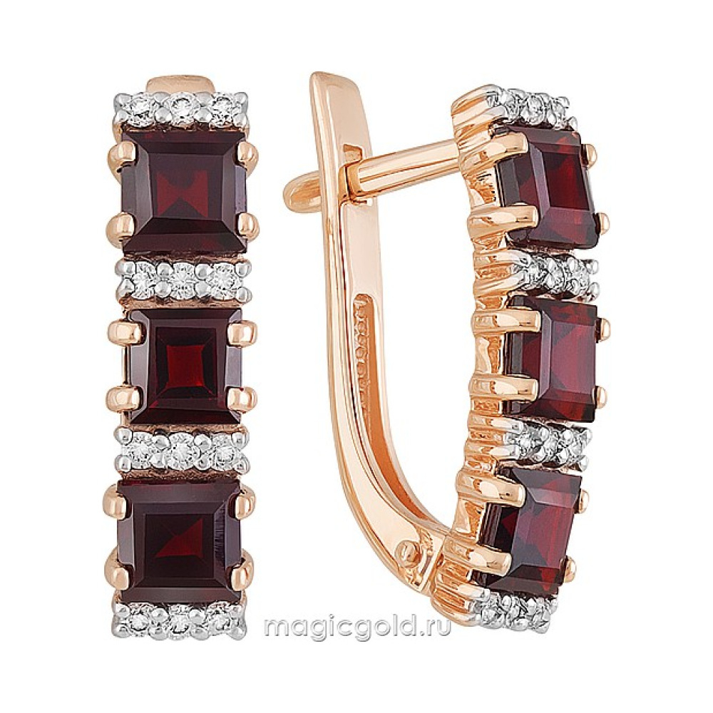 Золотые серьги с гранатом и фианитом № 141873
