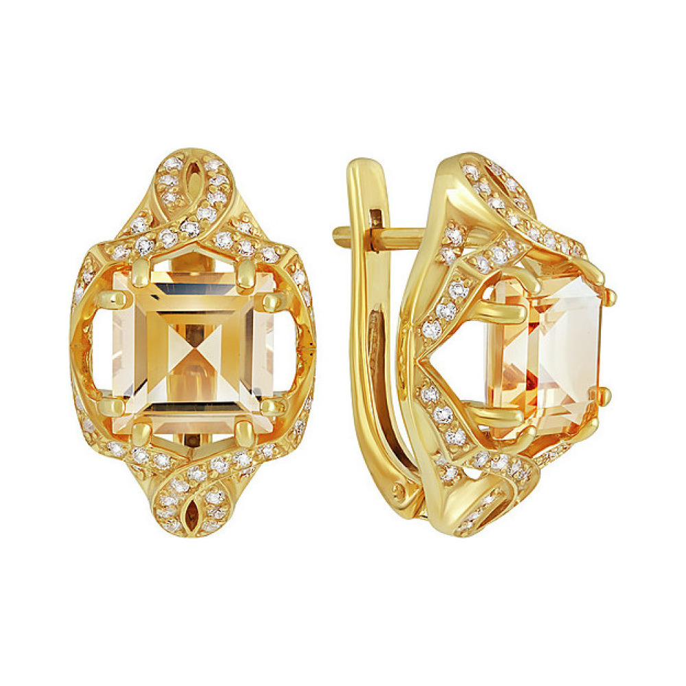 Серебряные серьги с цитрином,  фианитом и золотым покрытием № 133939