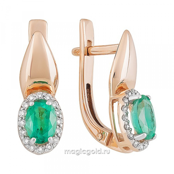 Золотые серьги с бриллиантом и изумрудом № 159546