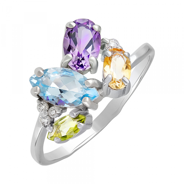 Серебряное кольцо с полудрагоценными вставками и фианитом № 131467