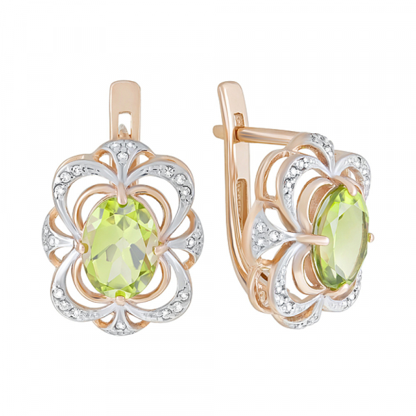 Золотые серьги с хризолитом и фианитом № 124520