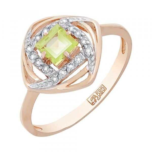 Золотое кольцо с хризолитом и фианитом № 117890