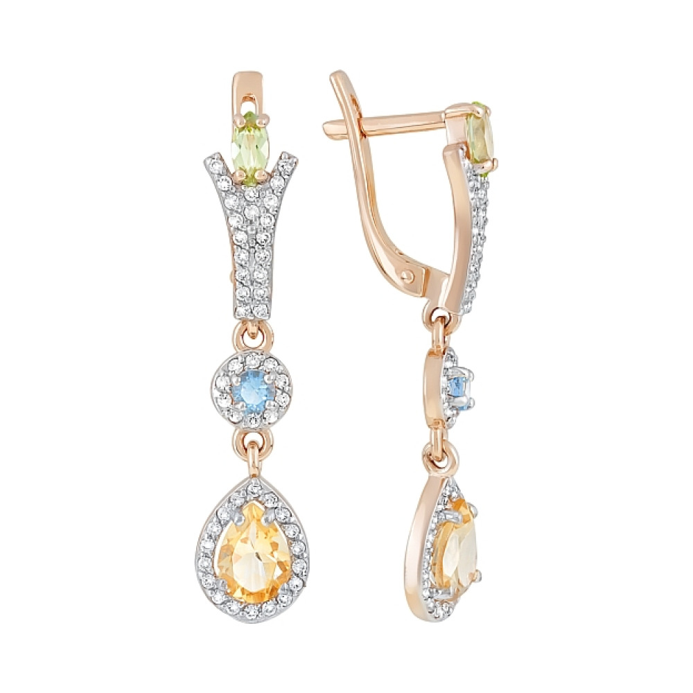 Золотые серьги с полудрагоценными  вставками и фианитом № 120437