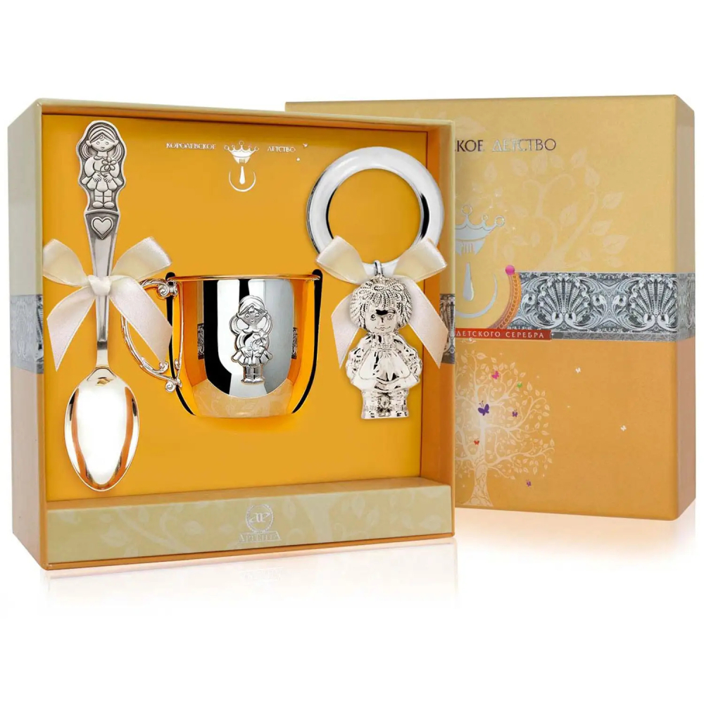 Набор детский Девочка: кружка, ложка, погремушка на кольце из серебра 925 пробы