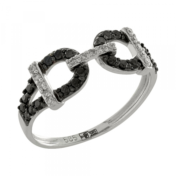 Золотое кольцо с черными и белыми бриллиантами № 100363