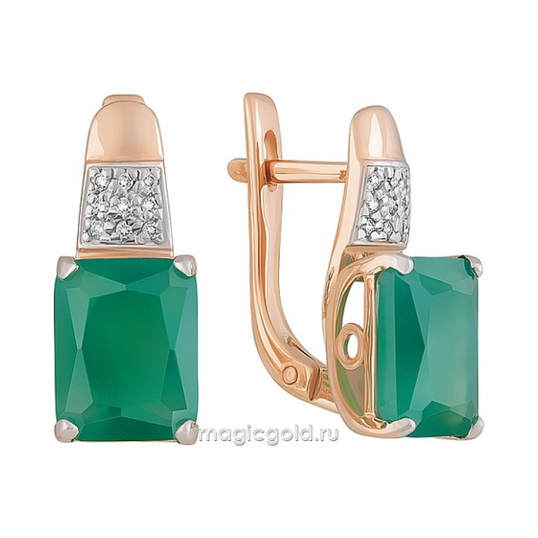 Золотые серьги с зеленым ониксом и фианитом № 162066