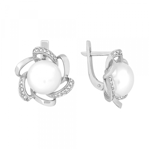 Золотые серьги с бриллиантом и жемчугом № 100025