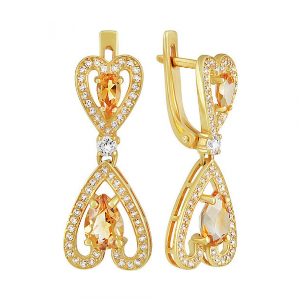 Серебряные серьги с цитрином,  фианитом и золотым покрытием № 133952