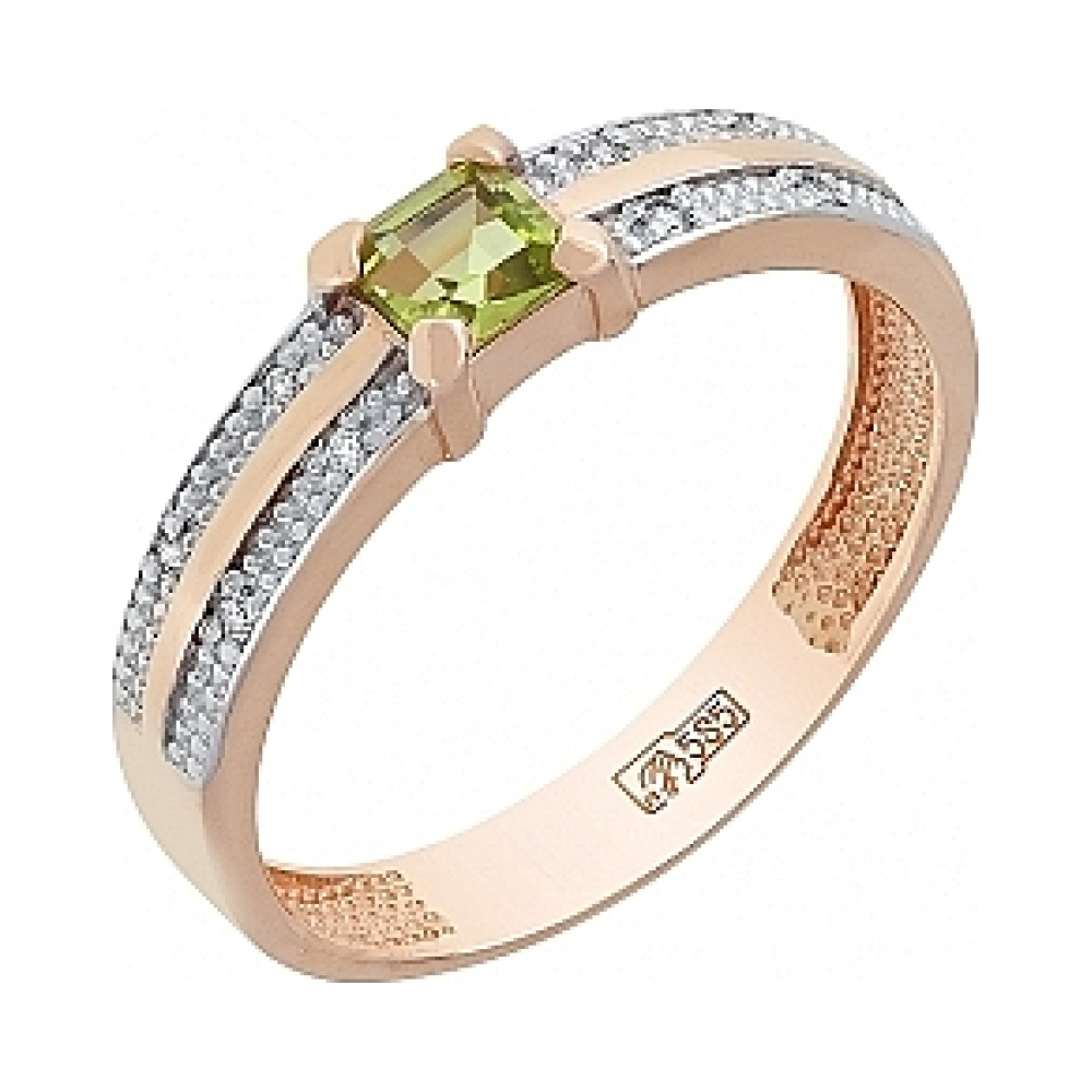 Золотое кольцо с хризолитом и фианитом № 106907