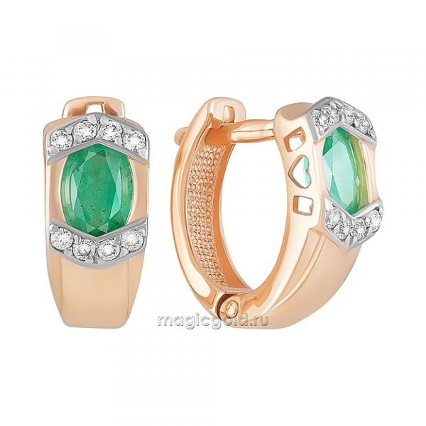 Золотые серьги с бриллиантом и изумрудом № 158859
