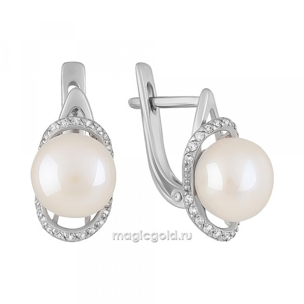 Серебряные серьги с жемчугом и фианитом № 151354